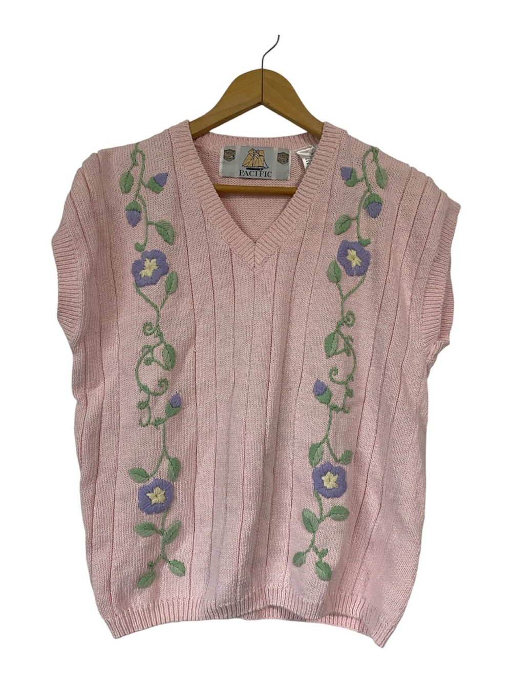 VTG Pacific 90s Pastel Pink Floral Embroidered Knit Sweater Vest medium